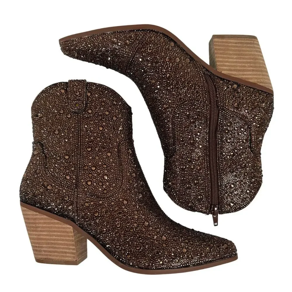 Betsey Johnson Western Boots Diva Womens 8 Shiny Brown Rhinestones Pointed Toe